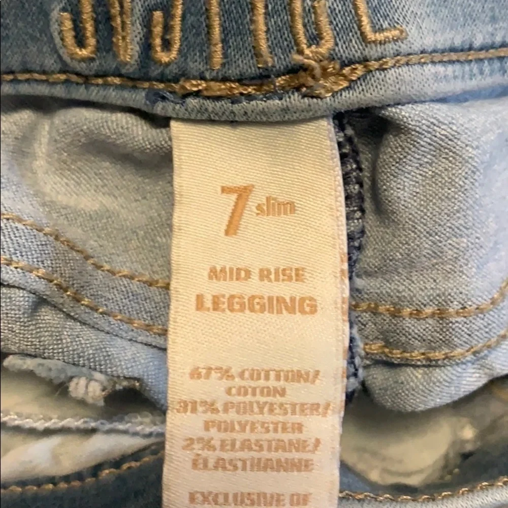 Justice light wash mid rise jean legging, 7 slim